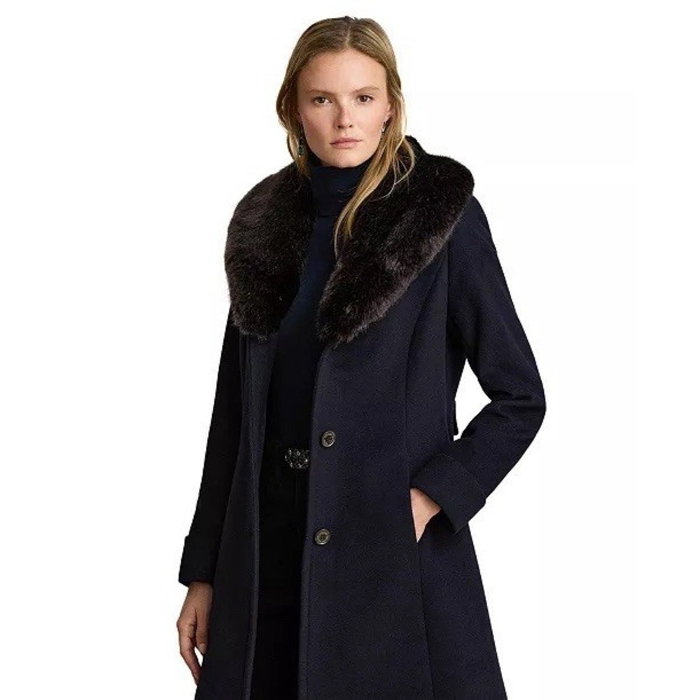 Ralph Lauren Women's Wool Blend Coat With FauxFur Collar Size 8 Black NWT $365